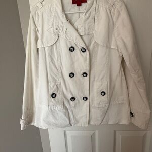 CoffeeShop Women's White Pea Coat with Black Buttons